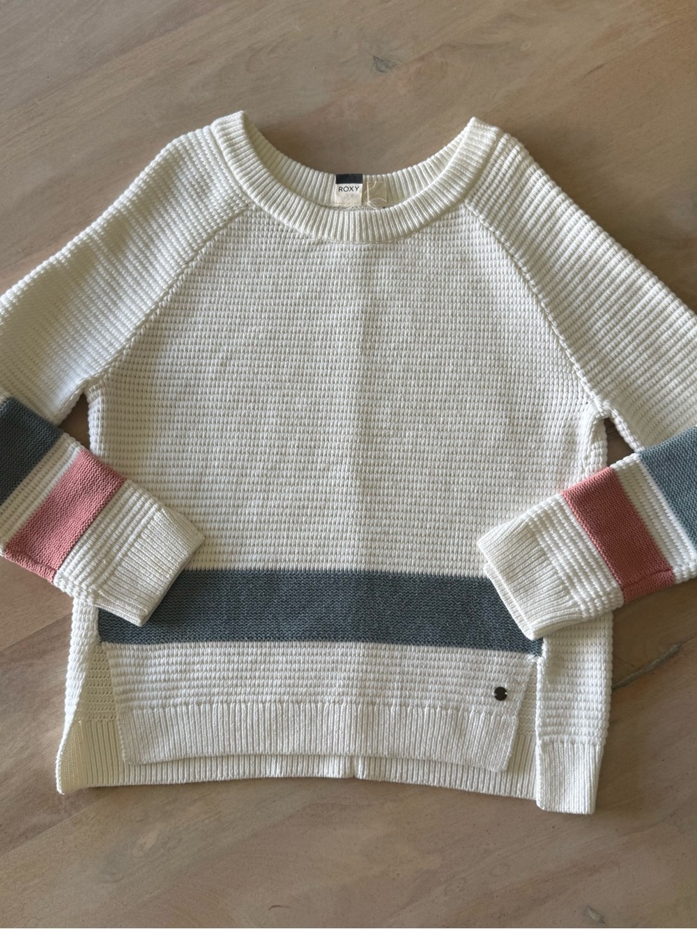 Roxy Cream Knit Sweater with Pink and Gray Stripes